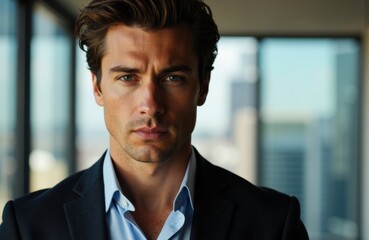 Fototapeta premium Confident businessman looking directly at camera in modern office setting