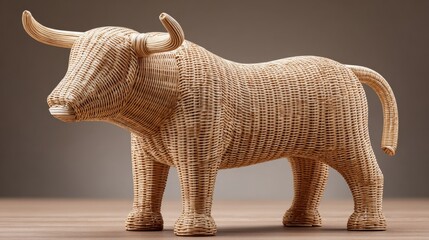 Handcrafted rattan bull sculpture in proud stance digital art craft abstract environment unique animal figure