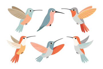 Hummingbirds in Flight: A vibrant illustration of six hummingbirds, each a unique embodiment of nature's art, frozen mid-flight. Captured in a playful yet detailed illustration