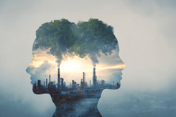 Double exposure expresses the balance between a clean environment and industry.