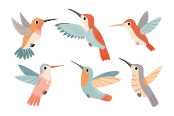 Whimsical Hummingbird Flight: A vibrant illustration showcases six elegant hummingbirds in various poses of flight, their wings a blur of color against the bright backdrop.