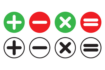 Obraz premium Green plus and red minus multiplication, division, Equal icon symbols, round thin line vector signs. Checkmark icon and plus and minus icon. Vector illustration. EPS 10