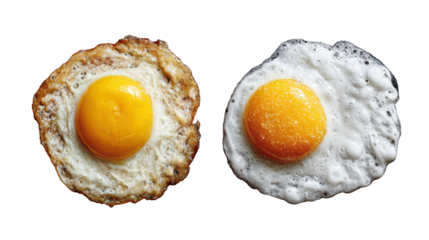 Fried eggs with golden yolks and crispy edges, white isolate background.