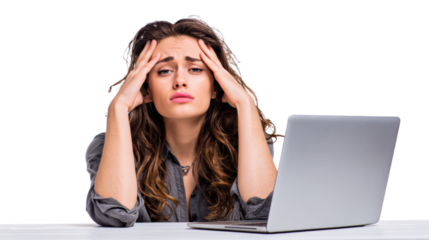 Frustrated woman with laptop, hands on head, white isolate background.