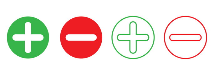 Obraz premium Green plus and red minus multiplication, division, Equal icon symbols, round thin line vector signs. Checkmark icon and plus and minus icon. Vector illustration. EPS 10