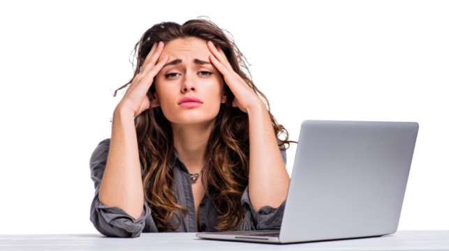 Frustrated woman with laptop, hands on head, white isolate background.