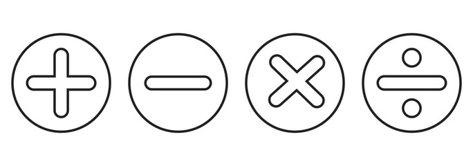 Checkmark icon and plus and minus icon. Plus, Minus, Multiplication, Division, Equal Black colors. Calculation icon in trendy flat style isolated on white background. Math symbol. Vector illustration.