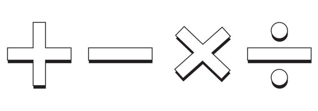 Checkmark icon and plus and minus icon. Plus, Minus, Multiplication, Division, Equal Black colors. Calculation icon in trendy flat style isolated on white background. Math symbol. Vector illustration.