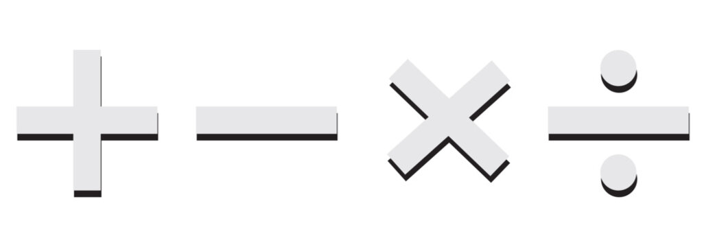 Checkmark icon and plus and minus icon. Plus, Minus, Multiplication, Division, Equal Black colors. Calculation icon in trendy flat style isolated on white background. Math symbol. Vector illustration.