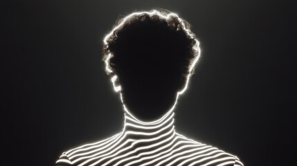 Commerce Without Touch, Silhouette of person with curly hair outlined by glowing white stripes creating touch of light without commerce