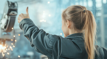 A worker gives a thumbs up in a modern industrial environment, celebrating progress and safety while surrounded by machinery.
