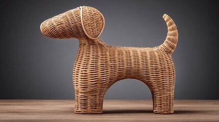 Digital abstract rattan sculpture of a dog craft art display indoor environment creative viewpoint