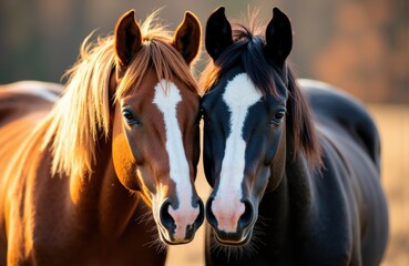 Obraz premium Two horses with distinct coat colors standing close together in a natural outdoor setting