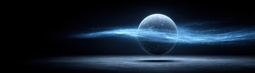 Commerce Without Touch, Celestial sphere floats in dark space with glowing blue cosmic dust without touch creating sense of commerce in universe