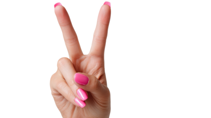 Hand gesture forming a peace sign, with pink nails, on a clear background.