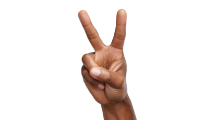 Hand gesture representing peace and victory, isolated on white background.