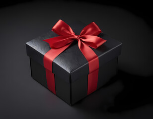 Fototapeta premium black gift box with red ribbon on a dark background, decorated with a textured bow and feathers, creating a romantic luxury atmosphere. For birthday,, red gift box with ribbon
