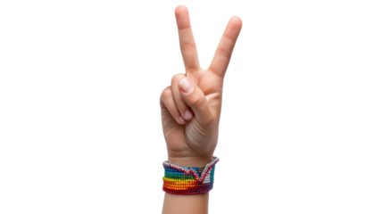 Hand gesture showing peace sign, colorful wristband, white isolated background.