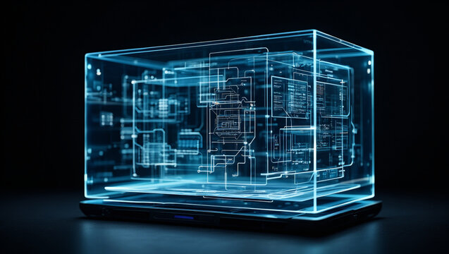 Futuristic Holographic Cube Data Visualization on Laptop; Abstract Digital Technology Concept; Cool Blue Neon Glow; Modern Sci-Fi Design.