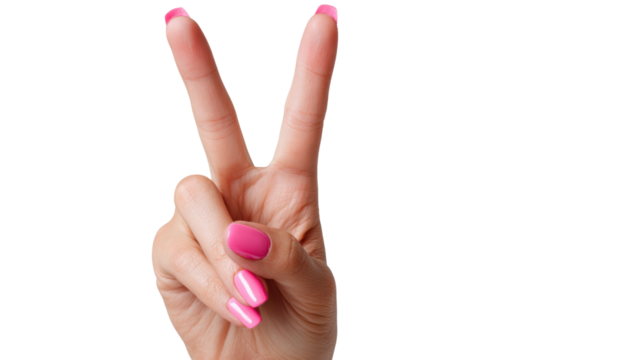 Hand gesture forming a peace sign, with pink nails, on a clear background.