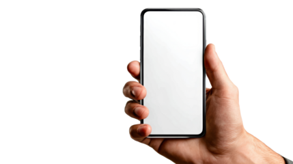 Hand holding a modern smartphone with a blank screen, isolated on white background.