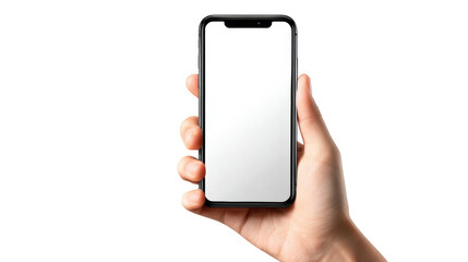 Hand holding a modern smartphone with a blank screen, isolated on white background.