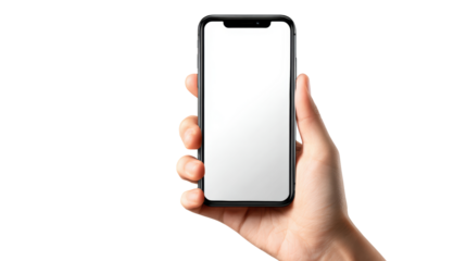 Hand holding a modern smartphone with a blank screen, isolated on white background.