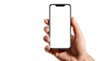 Hand holding a smartphone with a blank screen on a white isolated background.