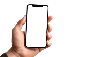 Hand holding a smartphone with a blank screen, ideal for customization.