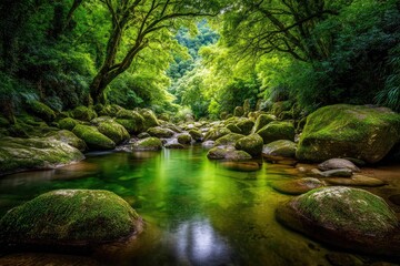 Obraz premium Lush forest stream reflecting verdant canopy