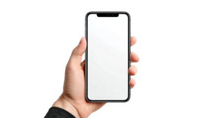 Hand holding a smartphone with a blank screen on white isolated background.