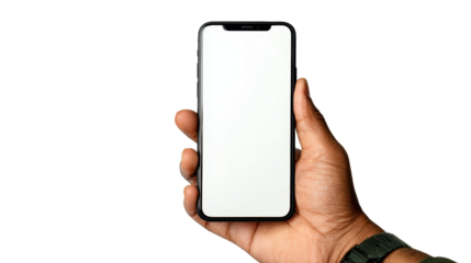 Hand holding smartphone with a blank screen on a white background, ideal for displaying apps or messages.