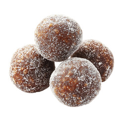 Pile of sweet date energy balls coated in sugar isolated on transparent background