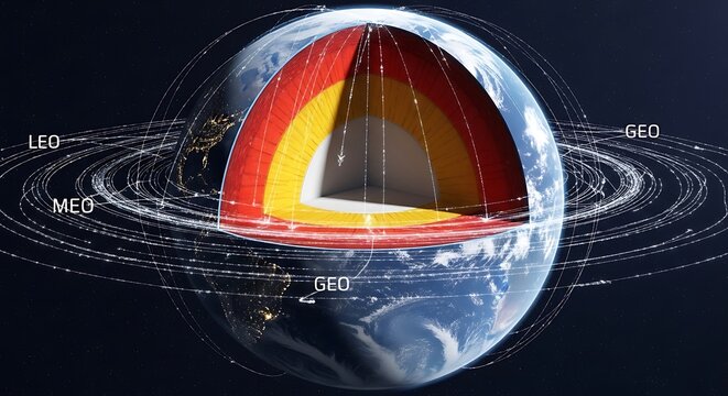 Scientific illustration of Earth's cross-section showing geological layers and various satellite orbits like LEO, MEO, and GEO.