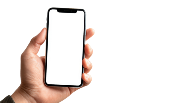Hand holding a smartphone with a blank screen, ideal for customization.