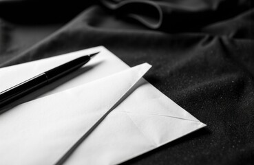 A black and white image of a pen resting on folded white paper on a dark fabric background