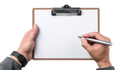 Hands holding a clipboard with a blank page, ready for notes or sketches, white isolate background