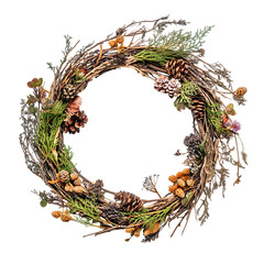 Rustic autumn wreath made of dried grasses flowers and pinecones isolated on transparent background