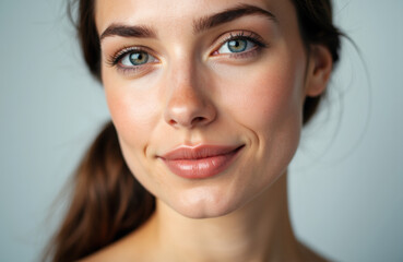 Naklejka premium A woman with clear skin and bright blue eyes smiling softly at the camera