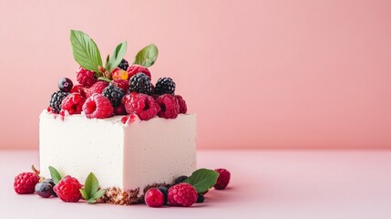 Delicious raspberry cheesecake topped with fresh berries on a pink background, perfect for dessert lovers