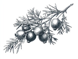 Juniper Illustration. Hand-drawn Black and White Outline Graphic of Juniper Plant Branch with Berries and Leaves