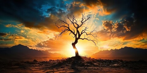 A dramatic sunset behind a barren tree, surrounded by mountains and clouds, creating a striking silhouette against vibrant colors.