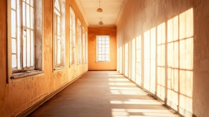 A sunlit corridor with peeling orange walls and large windows casting shadows on the floor, creating a warm yet abandoned atmosphere.
