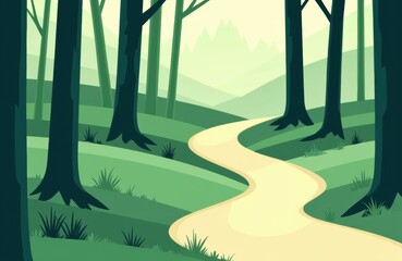 Serene forest scene with a winding path through tall trees and lush greenery