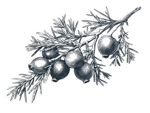 Juniper Illustration. Hand-drawn Black and White Outline Graphic of Juniper Plant Branch with Berries and Leaves