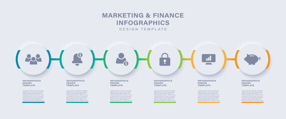 Process flow chart with six connected white circles arranged in a horizontal row. Modern infographic design template in neumorphism style