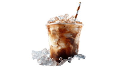 Iced coffee in a glass with ice cubes, placed on a white isolated background.