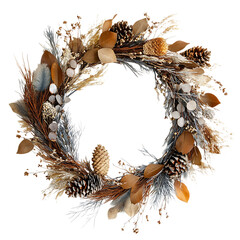 Rustic natural autumn wreath with pinecones and feathers isolated on transparent background