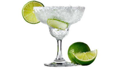 Lime margarita in a glass with ice and lime slices, white isolated background.