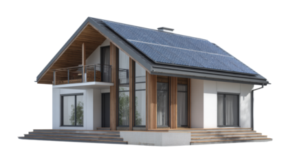 Modern house with solar panels and wooden accents, isolated on a white background.